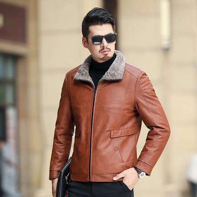 Quality Men Leather Jacket Faux Fur Fleece Lined Motorcycle Bomber