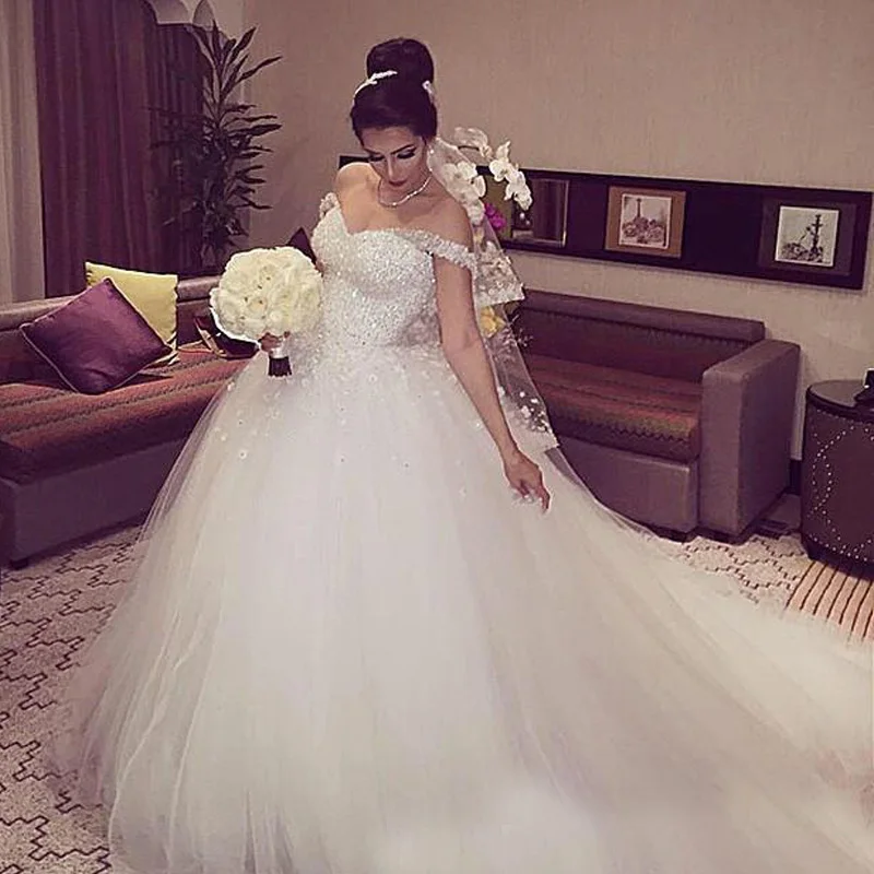 Arabic African Gorgeous Sparkly White Lace Ball Gown Plus Size