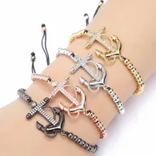 Золото Серебро Микро-паве cz кубический цирконий веревка отрегулированный браслет из медного бисера ct4 украшение в форме якоря плетеные браслеты для женщин