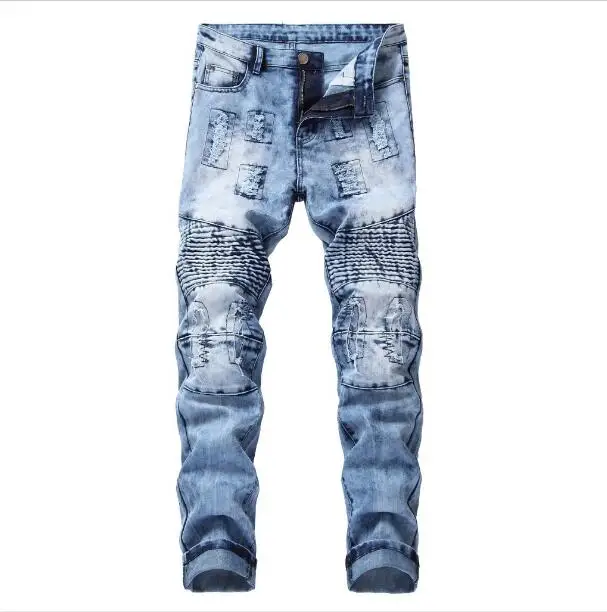 

High quality Fashion Stylist High Street Style men's Ripped and worn straight leg jeans Moto & Biker Stretch slim retro jeans