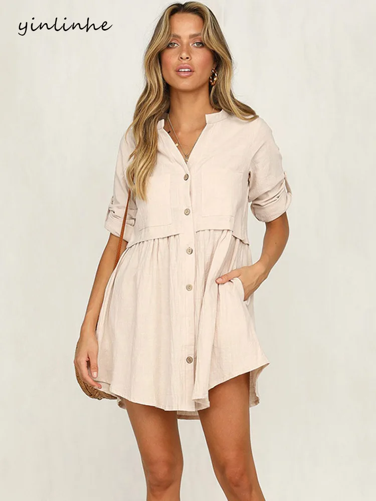 Yinlinhe, белое платье на пуговицах/платье-рубашка, женское платье с карманами, рукав до локтя, v-образный вырез, свободное летнее платье в стиле бохо,, Розовое женское Повседневное платье, vestido 995