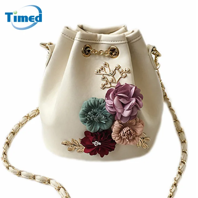 

2017 New Design Women Handmade Flowers Bucket Bags Mini Shoulder Bag Chain Drawstring Small Cross Body Bag Fashion Handbags