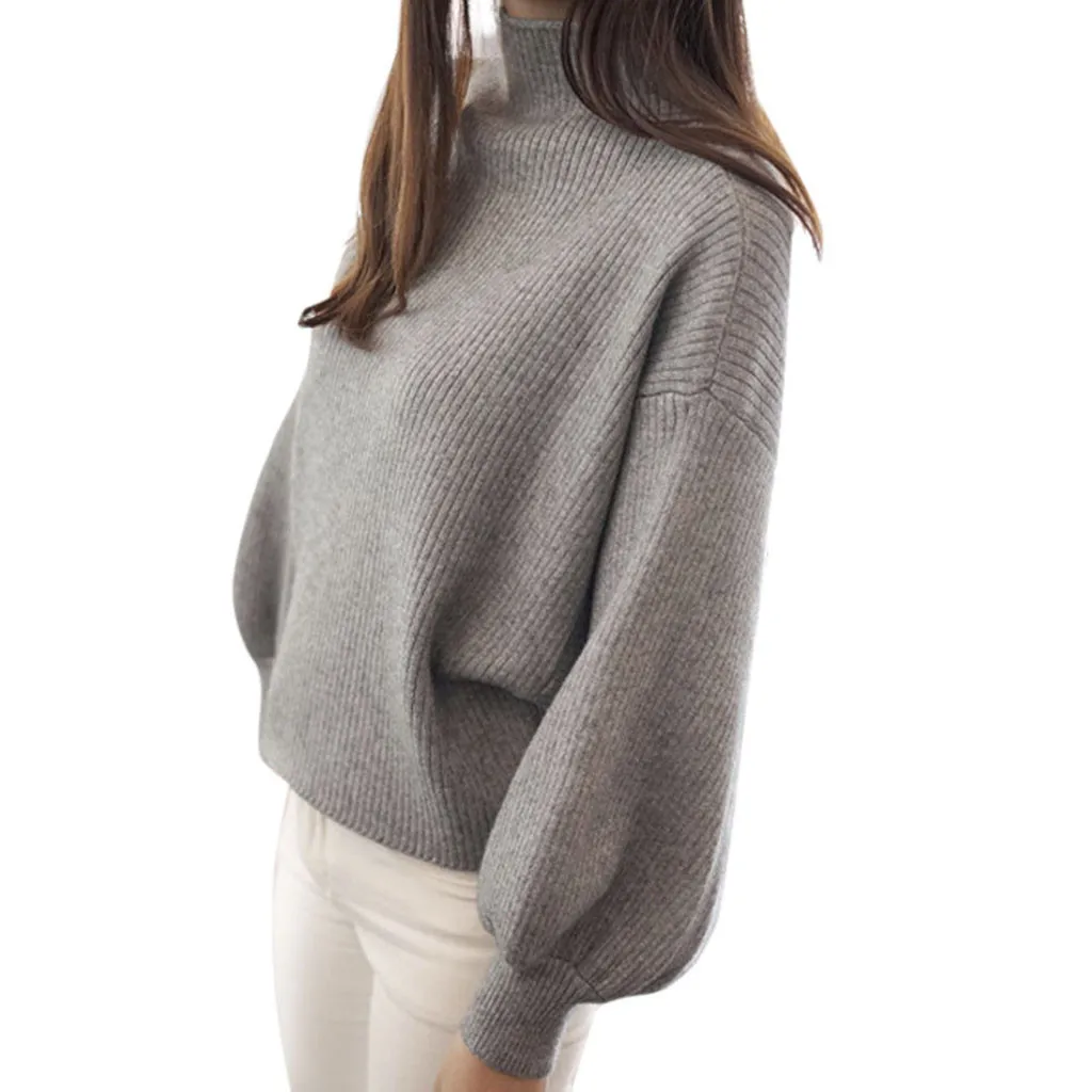 Свитера с пышными рукавами, женские вязаные пуловеры с высоким воротником, женский зимний толстый свитер с длинными рукавами, свободные топы, блузка, теплые вязаные мягкие - Цвет: Gray