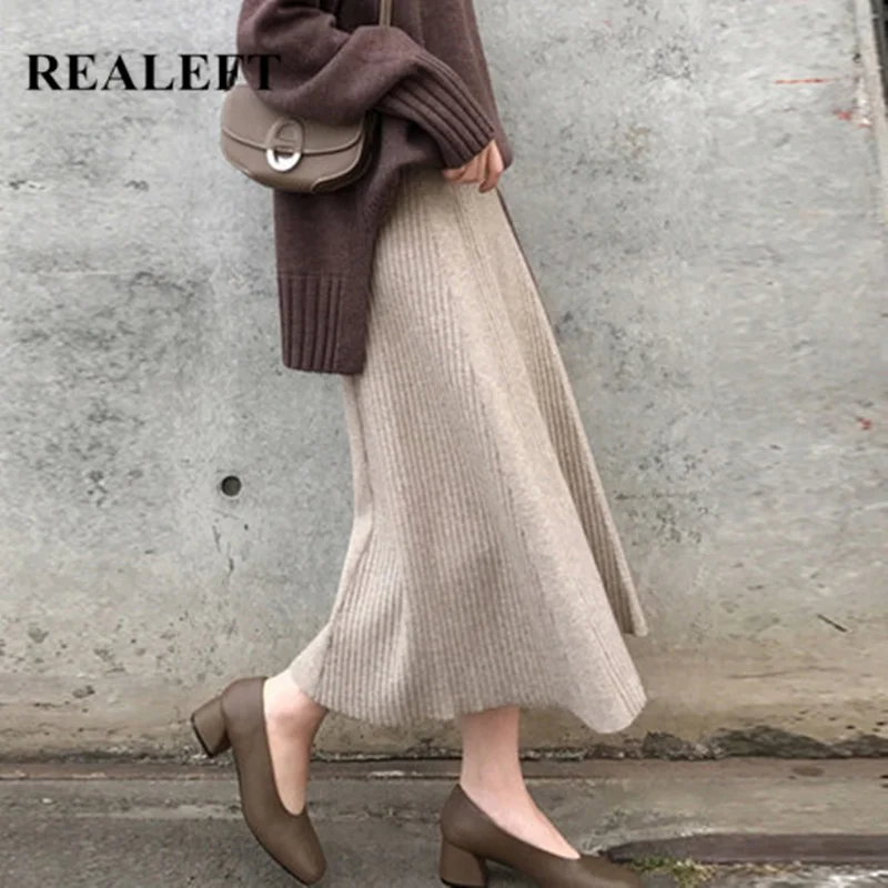 

REALEFT New Arrival 2019 Autumn Winter Warm Women Woolen Long Skirts Khaki High Waist Knitted A-Line Skirts Female Girls