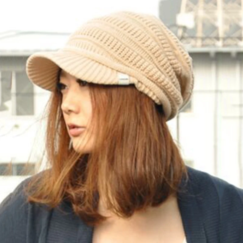 Корейские шляпы для женщин и мужчин, вязаная женская Зимняя кепка с козырьком, теплая вязаная крючком простая бейсболка, шапка бини, шапки Muts Gorras Mujer