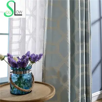 

Slow Soul Aspect Modern Embroidered Curtains Blue Champagne Bedroom Study French Window Plaid For Living Room Tulle Kitchen And