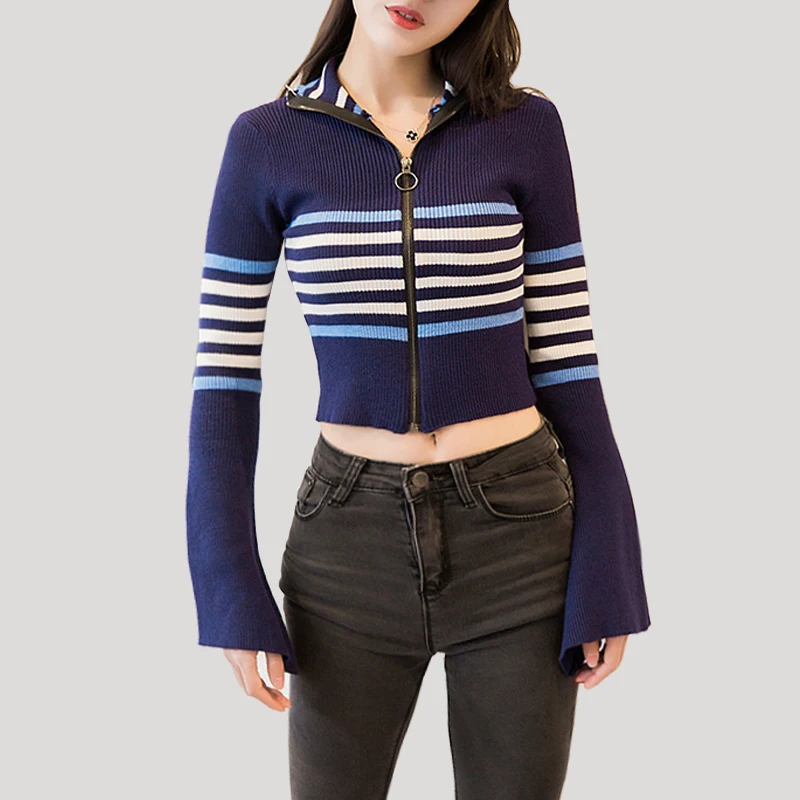 

Women Zip Up Crop Striped Knit Top with Flare Sleeve Stand Neck Zip Up Cardigans