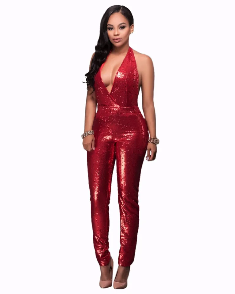 red sequin high neck jumpsuit