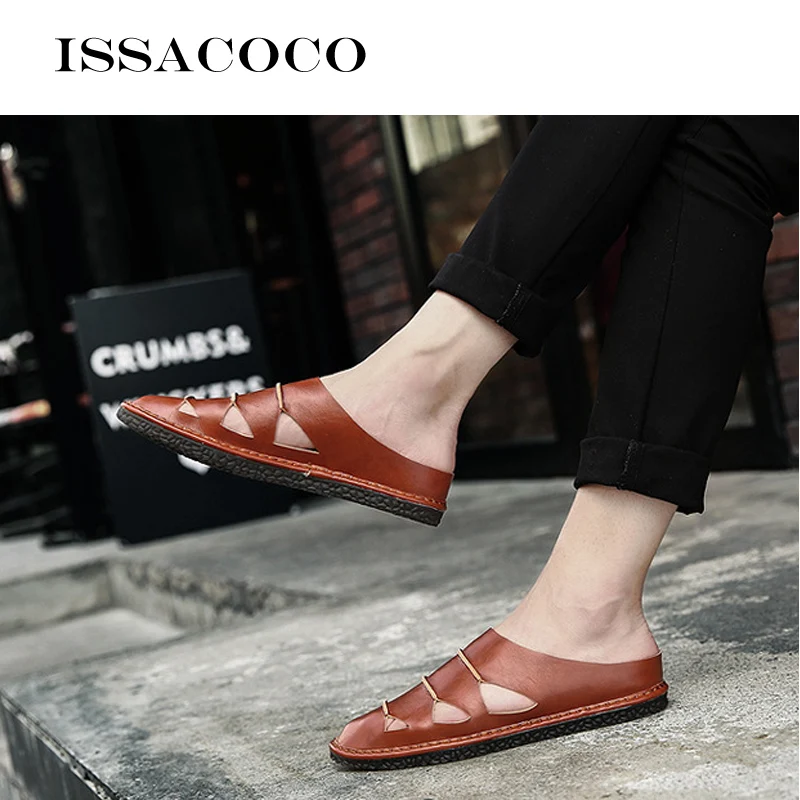 ISSACOCO Summer Men Genuine Leather Slippers Beach Casual Sandals Men Flip Flops Men Shoes Homw Slippers EU Size 39-47 Pantuflas