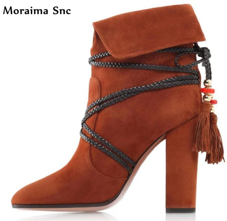 

Moraima Snc popular women boots turned-over pointed toe Ankle knit leather strap Decoration Fringe vintage velvet Boots