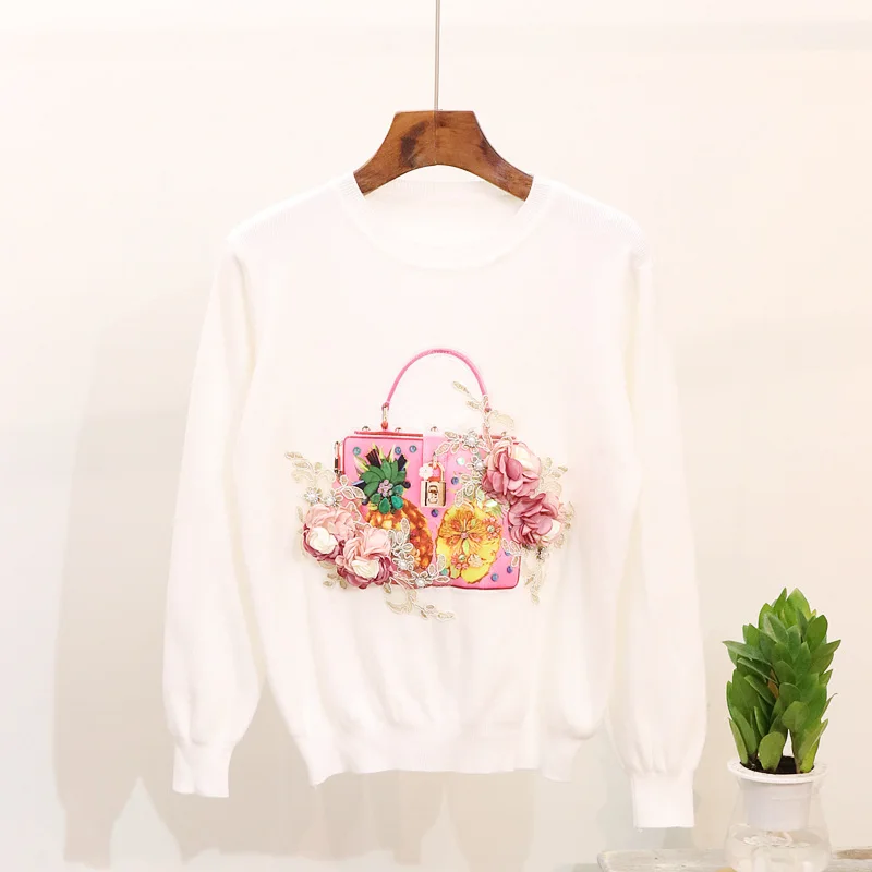 Black Women Knit Sweater 2018 Autumn Beaded Stereo Flower Fashion Bag Print Harajuku Long Sleeve Pullover Knit Sweater Female Sweaters