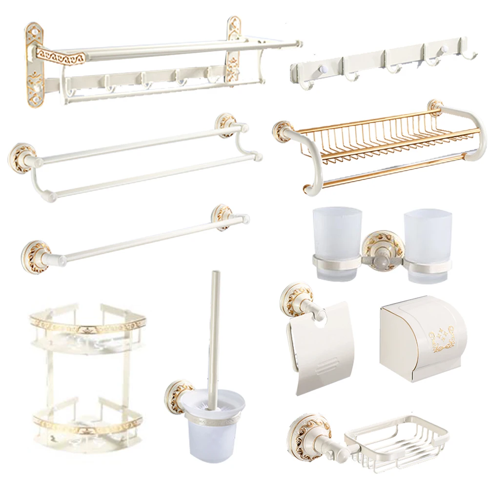 

European style space aluminum roasted white paint towel pole antique bathroom triangle baskets bathroom hardware pendant set