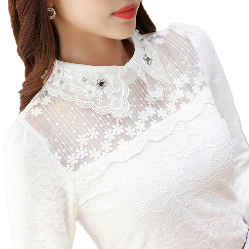  Women Embroidery Lace blouses Female Long Sleeve Korean Doll Collar Bottom Shirt Turn-down Collar T