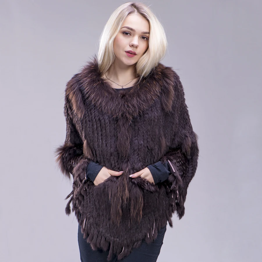 

FXFURS Real Knitted rabbit & raccoon Fur Shawl poncho stole shrug cape robe tippet wrap women's winter warm coat/outwear