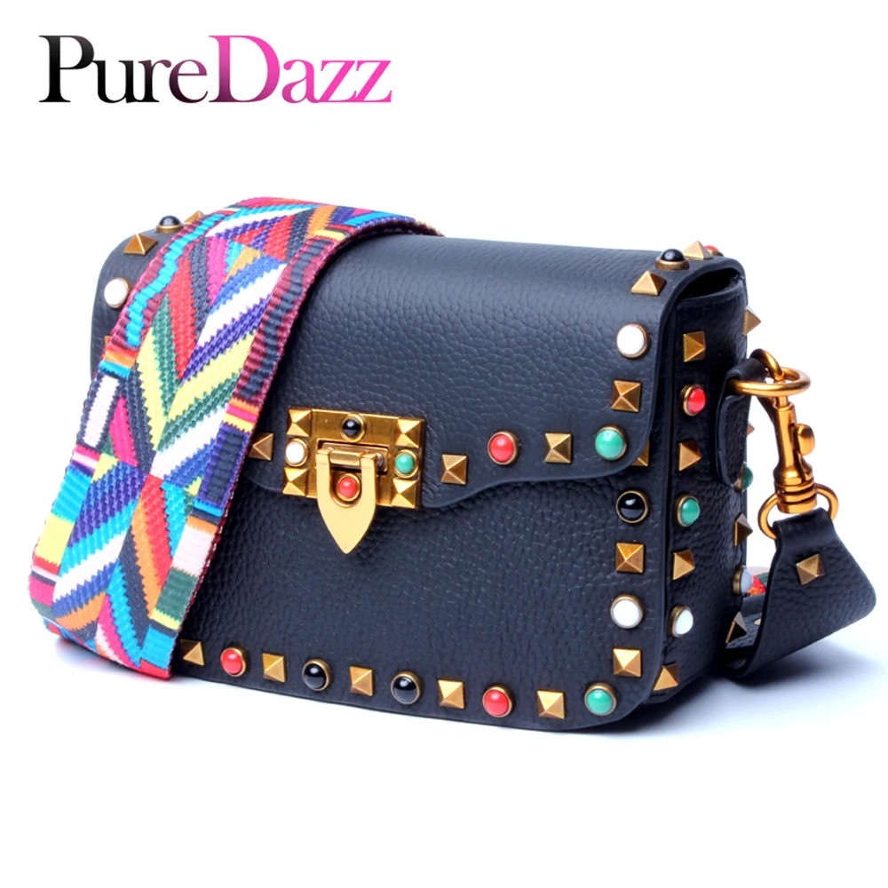 

Genuine Leather Rivet Bag Brand Designer Women Shoulder Bag Luxury Brand Female Flap Camouflage Width Strap Lady Crossbody Bag