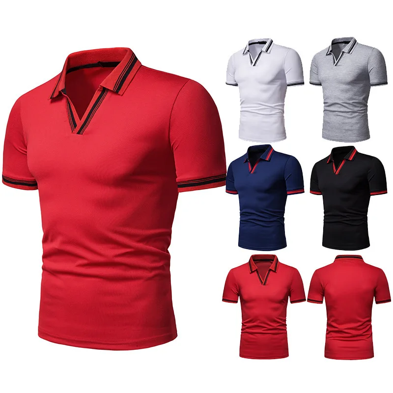 

HuLooXuJi 2019 Summer Men Business Causal Fashion Plain Design Polos with V Neck Tops Tees Polo Shirts US Size:S-2XL