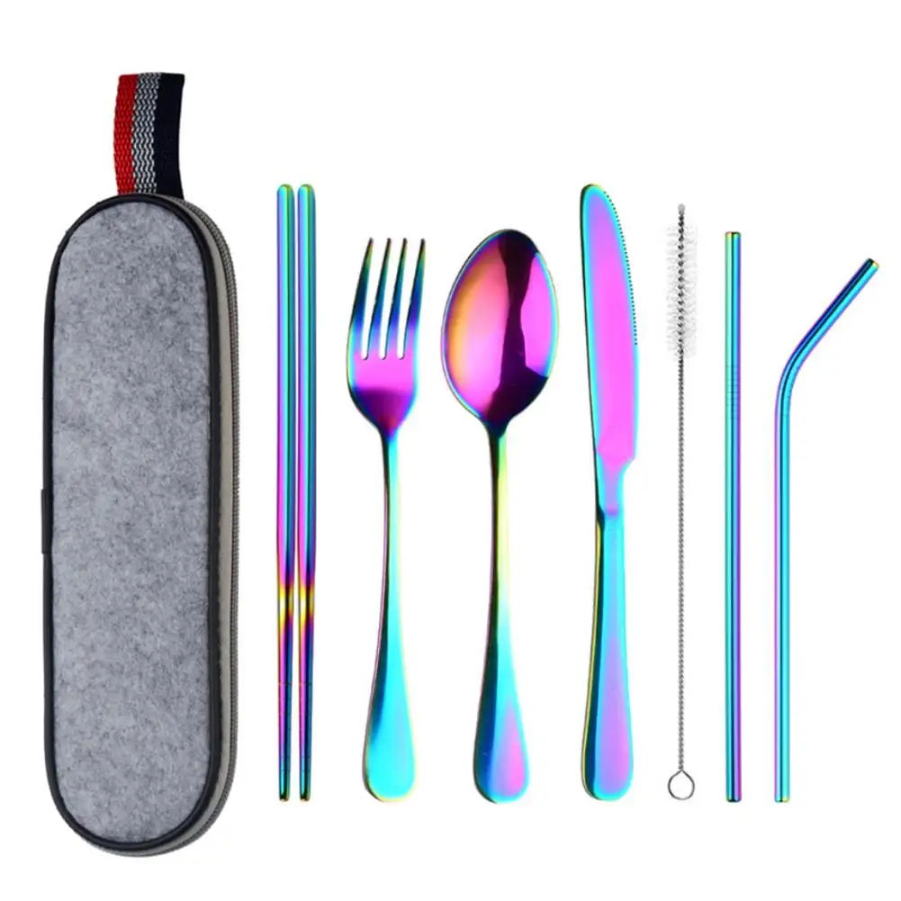 8Pcs Portable Flatware Stainless steel Spoon Chopsticks Cleaning Brush Set Silverware Travel Utensils Set with Case Straw - Цвет: D