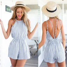 Summer 2016 New backless blue stripe women jumpsuit romper Elegant one piece sexy overalls Girl beach short playsuit