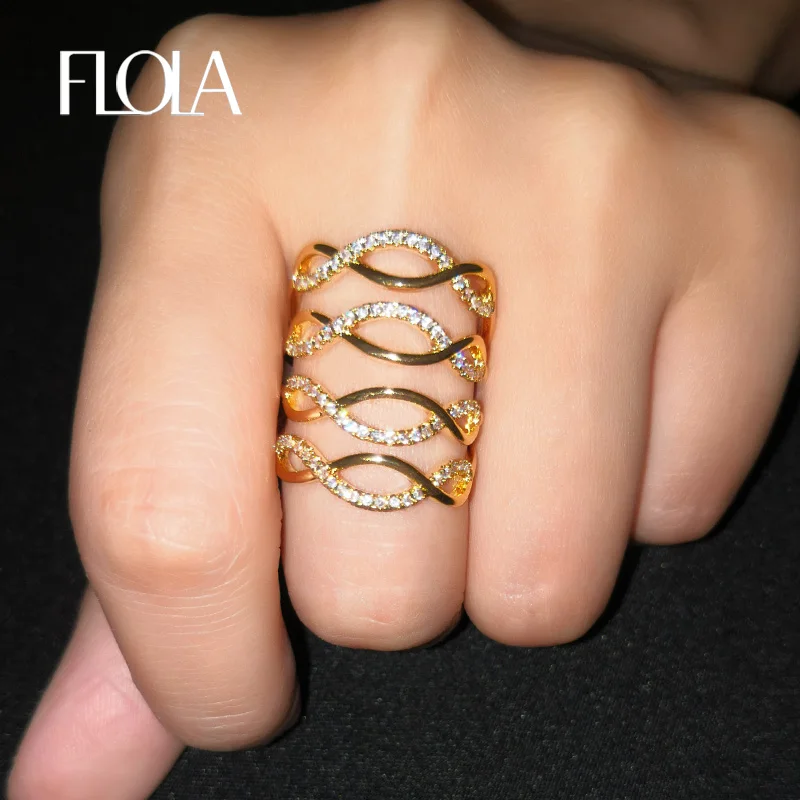 

FLOLA 2019 Dubai Gold Infinity Open Ring for Woman CZ Zircon Endless knuckle ring 925 Silver Jewelry Eternity Ring righ02