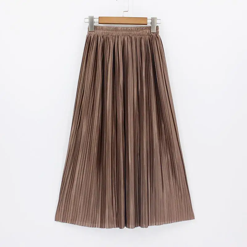Повседневная плиссированная макси юбка Длинная женская юбка до середины икры пляжная металлическая юбка средней длины с завышенной талией Женская коричневая юбка средней длины - Цвет: Brown