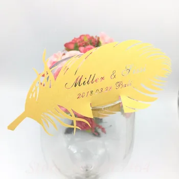 

50pcs Personality Feather Wine Glass Paper Card Party Decoration Customize Place Name Card Thanksgiving Day Wedding Party Cards