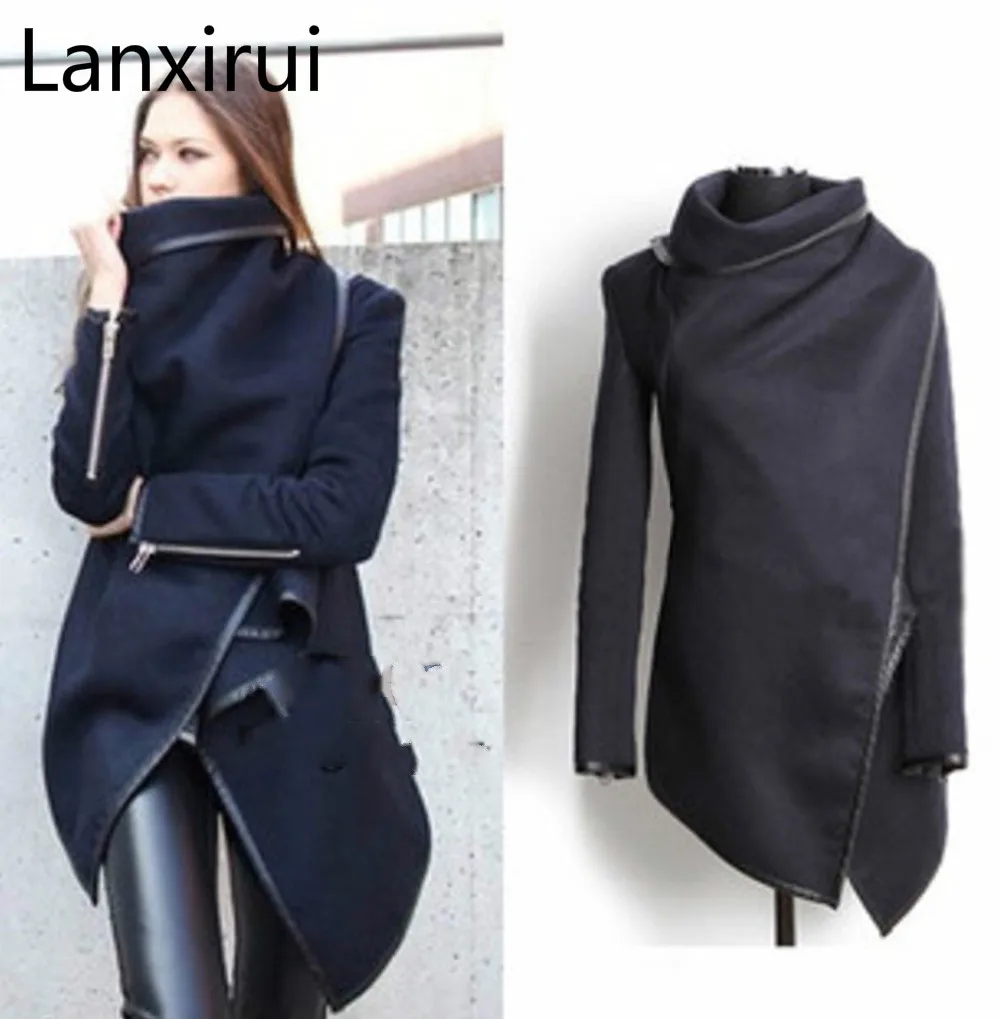 

Woman High Quality Slim Irregular Woolen Overcoat Elegant Long Sleeve Zipper Winter Coats Multicolor Long Outwear Plus Size