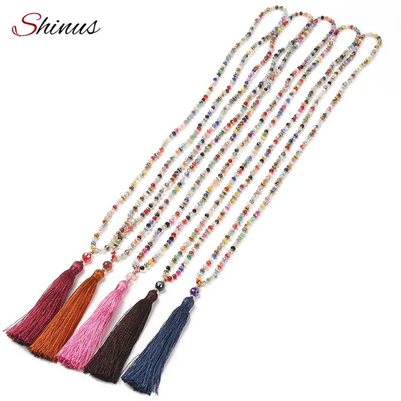 

SHINUS Bohemia Colorful Women Necklace Handmade Knotted 4MM Facted Crystal Tassel Statement Pendants & Necklace Boho Jewelry