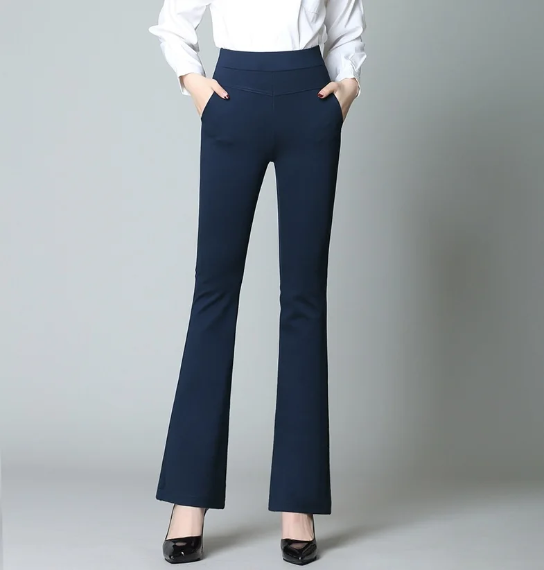Высокая Талия пуш-ап расклешенные брюки женские клеш 4 способ растягивания голенище Формальные элегантные офисные брюки с карманами черный темно-синий