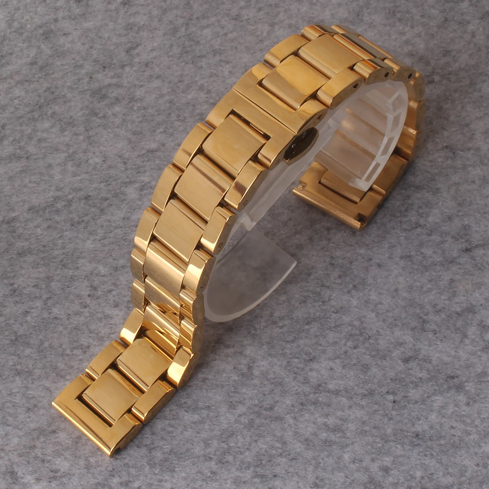 

Watchband 18mm 20mm 22mm 24 mm Mens Solid links Steel Watch Band Deployment Clasp Gold Bracelet Wrist Watchband Belt Male Straps