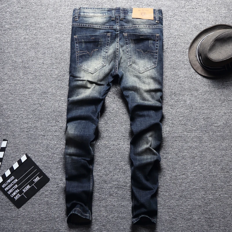 Fashion Classical Men Jeans Retro Wash Slim Fit Ripped Jeans Homme Denim Pants Streetwear Italian Vintage Designer Jeans Men