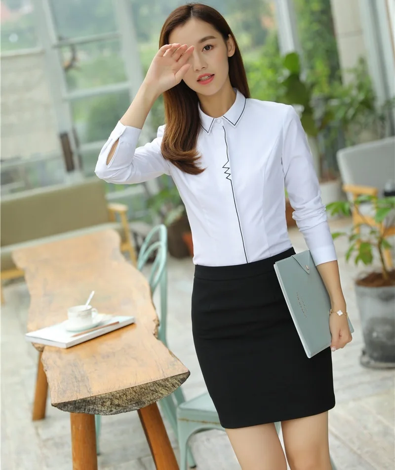 Ensembles Femmes Définit blanc Jupe Pu Blouses Portent Uniforme Pièce Avec Ciel Dames Ciel Bleu Et Bureau Les Travaillent Tops Chemises 2 Des Costumes Conception q5g7twwPn