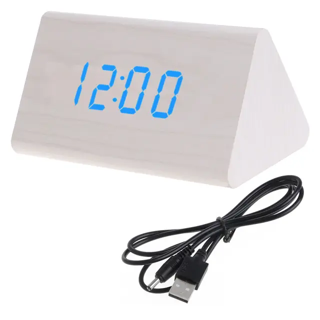 Voice Control Alarm Clock Creative Kids Wooden Snooze Desk Clock Home Bedroom LED Display Digital Triangular Thermometer