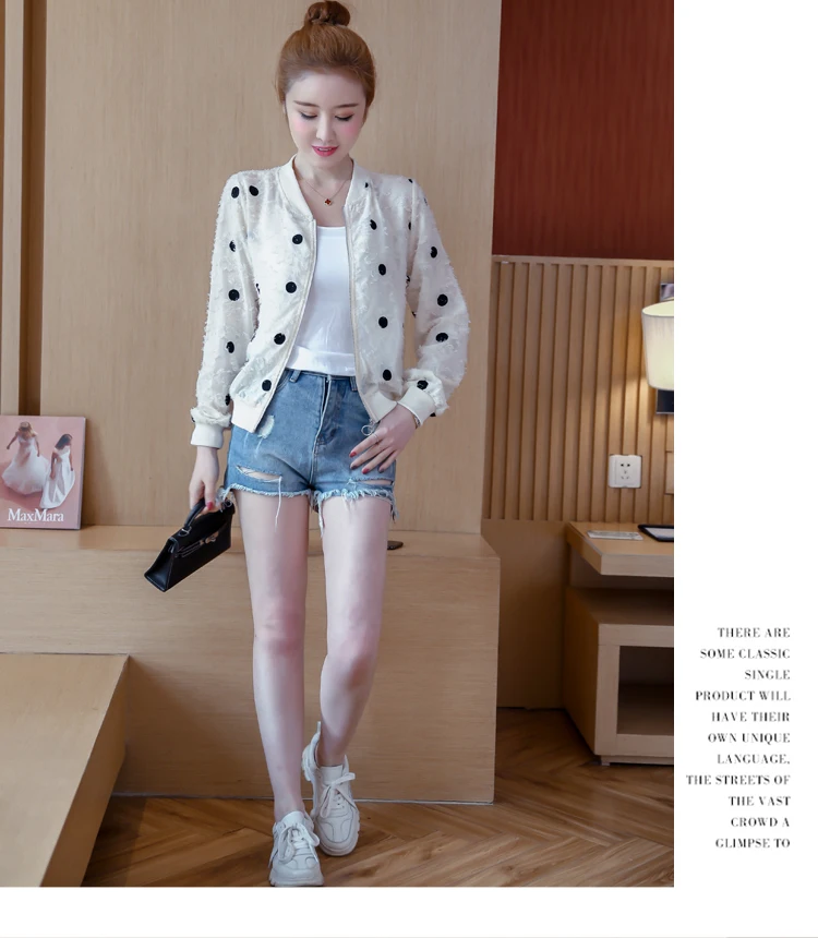 Корейская тонкая бейсбольная короткая куртка летняя новая Повседневная белая тонкая женская куртка-бомбер модная Солнцезащитная куртка-кардиган в горошек
