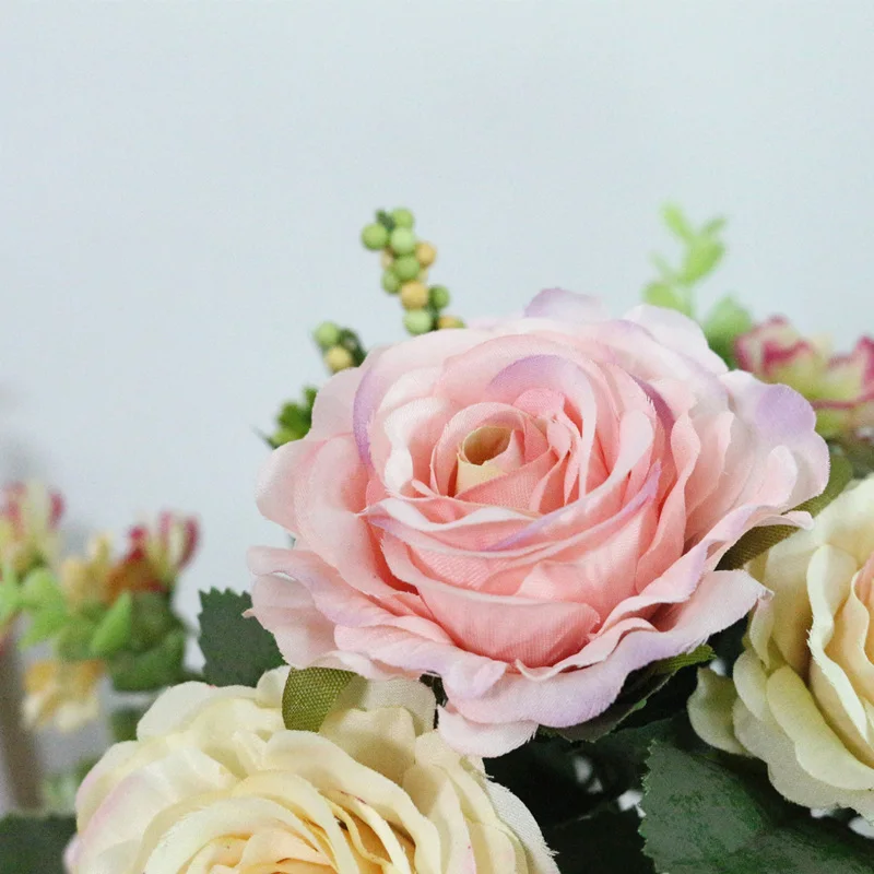 JAROWN Artificial Flowers Silk Plastic Flowers Pinecone Roses Bouquets Flower Bouquet For Wedding Home Party Decoration Decor (27)