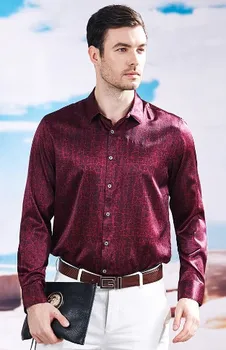 

Spring business casual shirts men's long-sleeved mulberry silk thin middle-aged printed silk shirts 2019