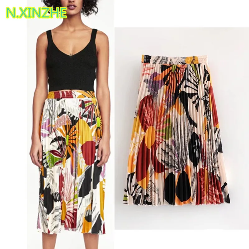 N. XINZHE, женская одежда, эластичная, высокая талия, с принтом, плиссированная, Женская юбка, модная, повседневная, свободная, до колена, юбки S3385