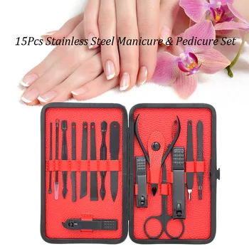 

15Pcs Stainless Steel Nail Art Manicure Tools Set Pedicure Scissor Tweezer Knife Earpick Nail Clipper Kit with Storage Case