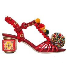 Ethnische Sommer Pom Pom Gladiator Sandalen Designer Handgefertigte High Heels Vintage Blumendruck Frauen Pumpen Damen Schuhe Frau