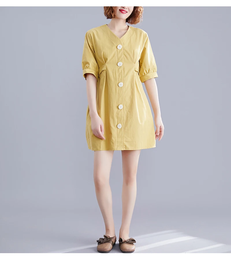 P Ammy Single Breasted Half Sleeve High Waist V-Neck Mini Dress Women Summer Plus Size Bow Chic Vintage Casual Vestido