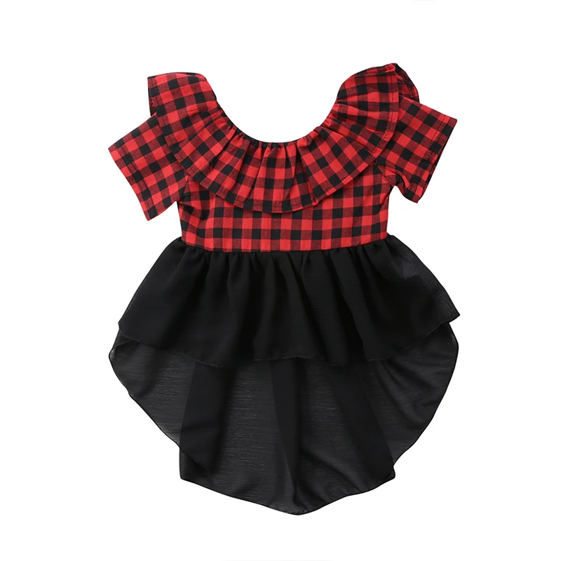 

New Fashion Toddler Kids Girl Summer Dress Red Plaid Patchwork Mesh Tutu Asymmetrical Mini Dress Sundress Clothes