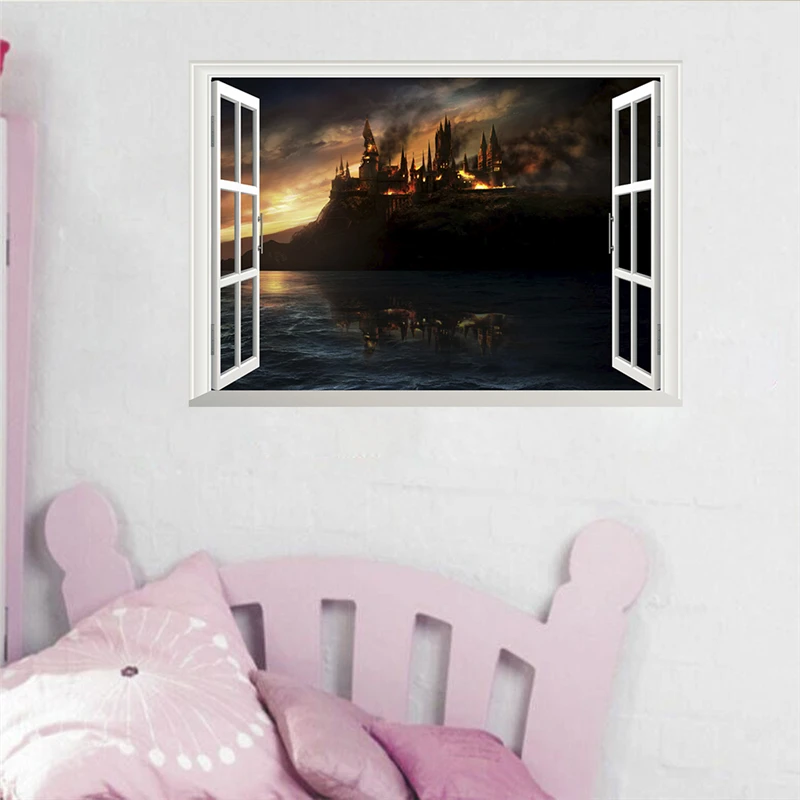 

3d magic castle window wall decals home decor living room harry potter landscape wall stickers pvc mural art diy wallpaper