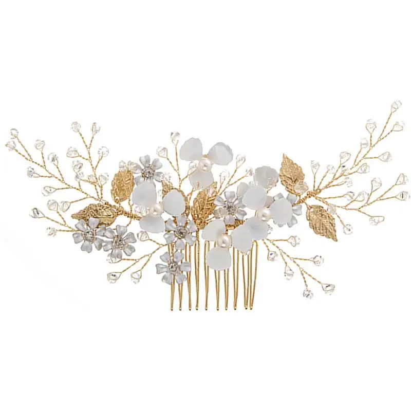 Свадебная тиара модная красивая ручная работа белый цветок кристалл золотой гребень для волос Винтаж Сплав свадебные гребень для волос