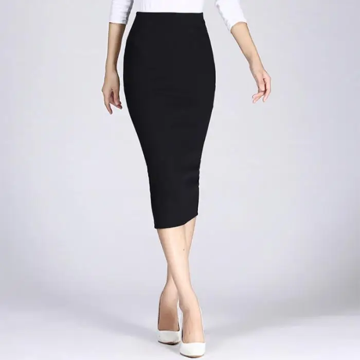 Autumn Winter Women Pencil Skirt High Waist Cotton Solid Color Stretch Elastic Slim Business OL Split Bodycon Skirts NGD88