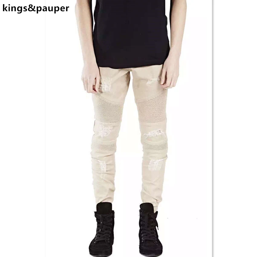 Image High quality Biker harem jeans pants men skinny motorcycle distressed ripped jeans fashion Khaki BIKER JEANS