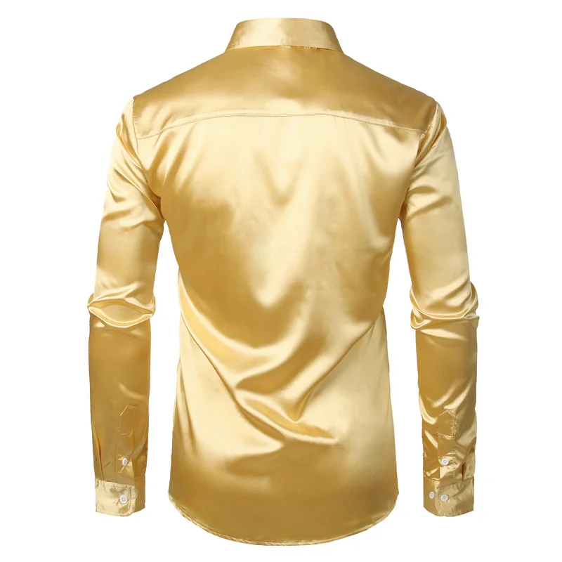 Best Quality Gold Smooth Silk Satin Dress Shirt Men Slim Fit Long