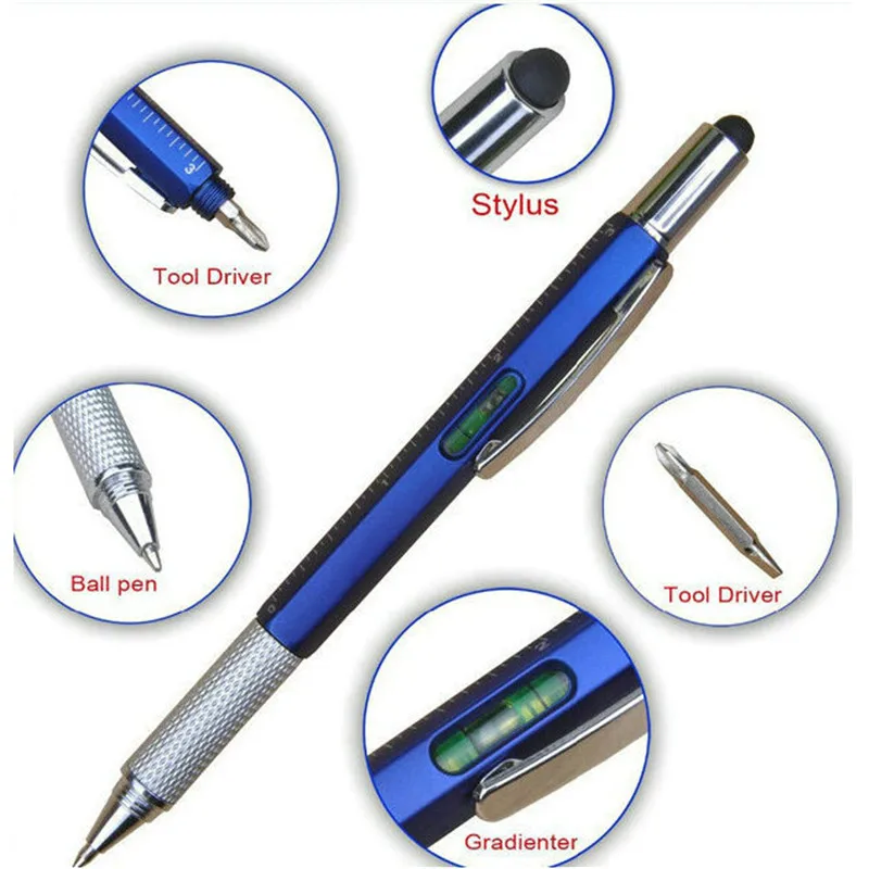 1PC 6 In 1 Touch Ballpoint Stylus Pen With Spirit Level Ruler Screwdriver Tool Office School Supplies Random Color