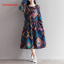 Primavera Outono Mori Menina Mulheres Vestido Elegante Do Vintage Em Torno Do Pescoço Impresso Femininos Vestidos Manga Comprida Casual Vestido de Linho de Algodão