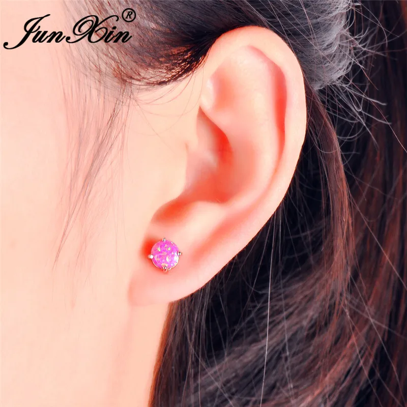 JUNXIN Cute Pink/Purple/Blue Fire Opal Stud Earrings For Women Silver Color Rainbow Birthstone Round Earrings Gift