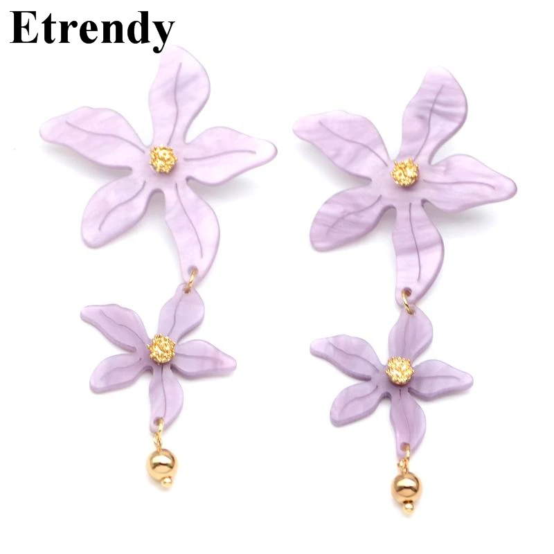 

Statement Double Flower Drop Earrings For Women Large Fashion Jewelry 2019 Bijoux Party Holiday Accessories Purple Color ELegant