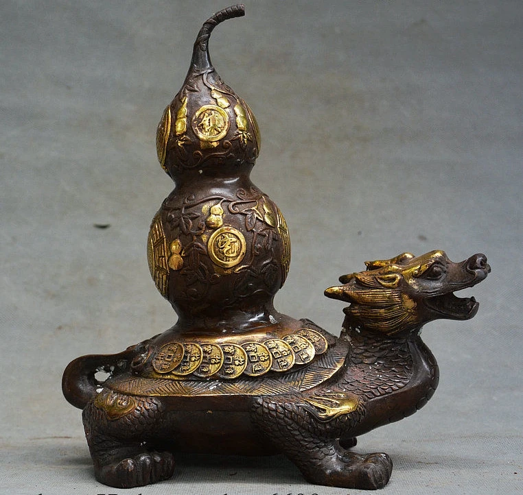 

Collect Old Chinese Bronze Copper Gilt Gourd Coins Dragon Tortoise Turtle Statue